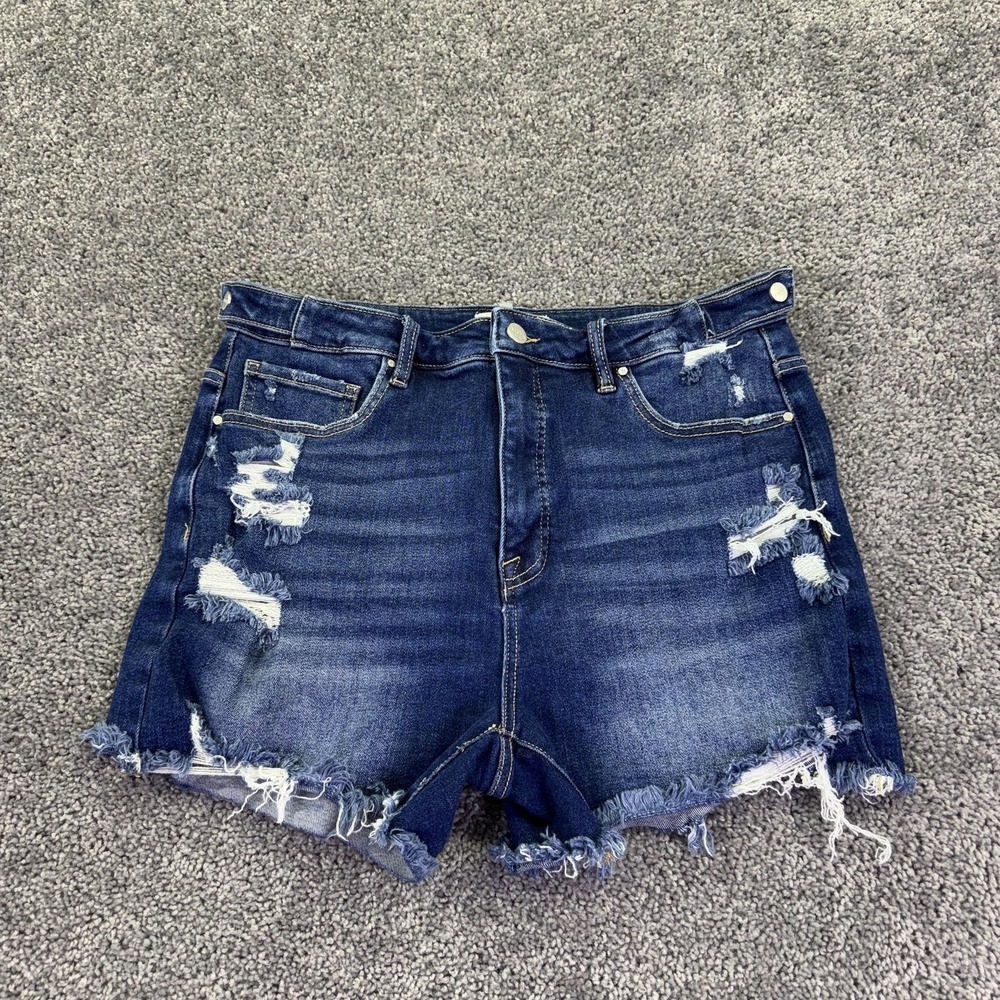 Risen Jeans Shorts Womens XL Blue Distressed Denim Cutoff Frayed Stretch Casual